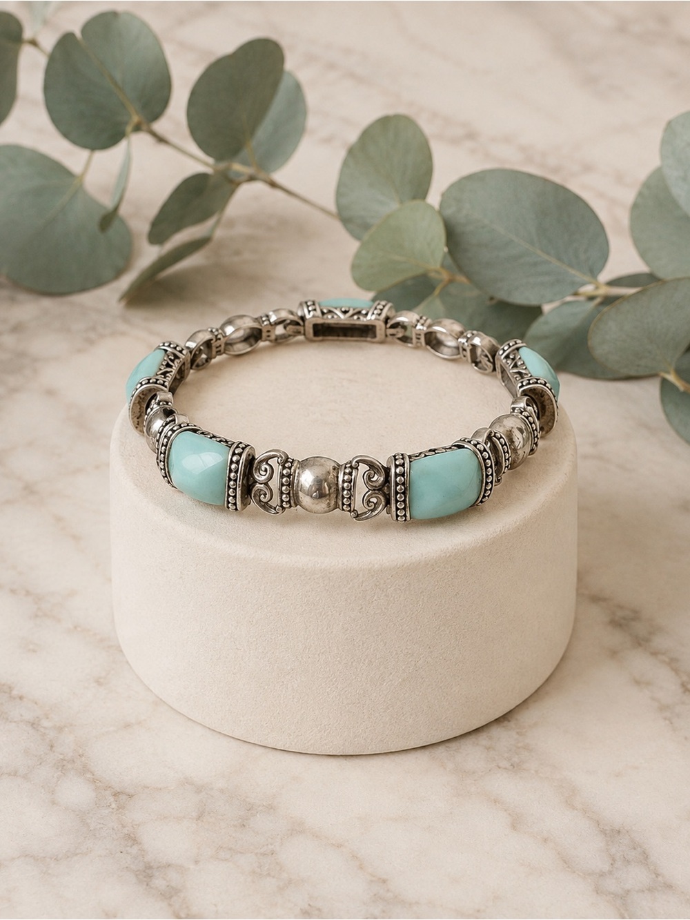 Sterling Silver 925 Aqua Blue Gemstone Bracelet Ornate Bali Style 8” 26g - Picture 2 of 13